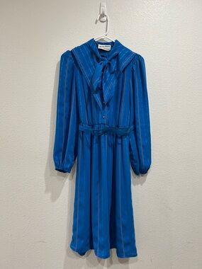 vintage 90s Kevin Stuart Petites blue striped chiffon dress flap collar belted S